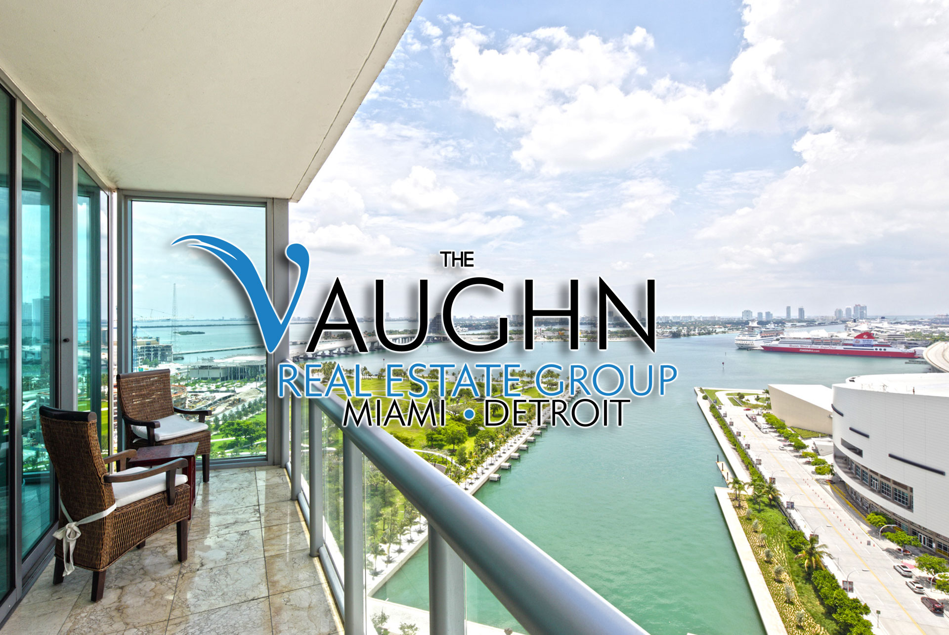 The Vaughn Real Estate Group V Logo on top of Miami Condo view of Ocean-way